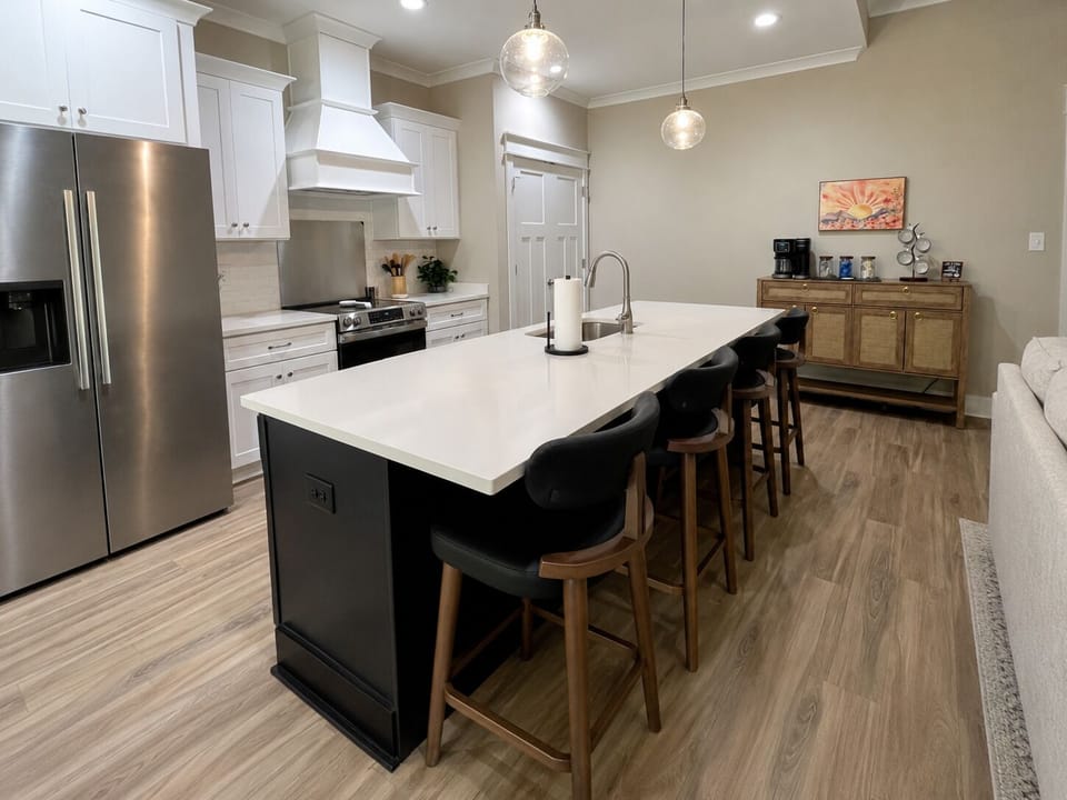 Fully Equipped Kitchen with Barstool Island Setup