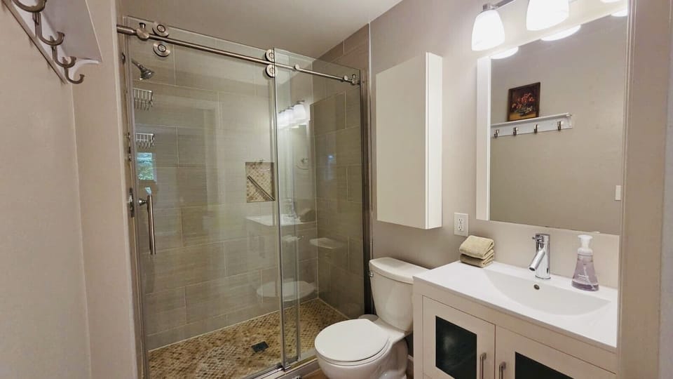 Modern ensuite bathroom with a glass walk-in shower and vanity.