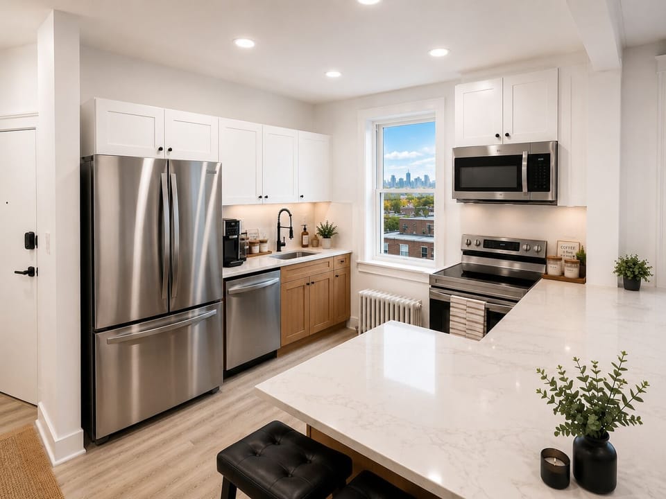 Bright modern kitchen with waterfall island and skyline views