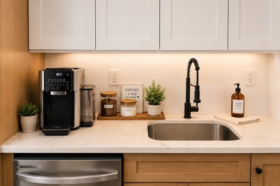 Modern kitchenette with coffee station, sleek sink, and warm designer finishes
