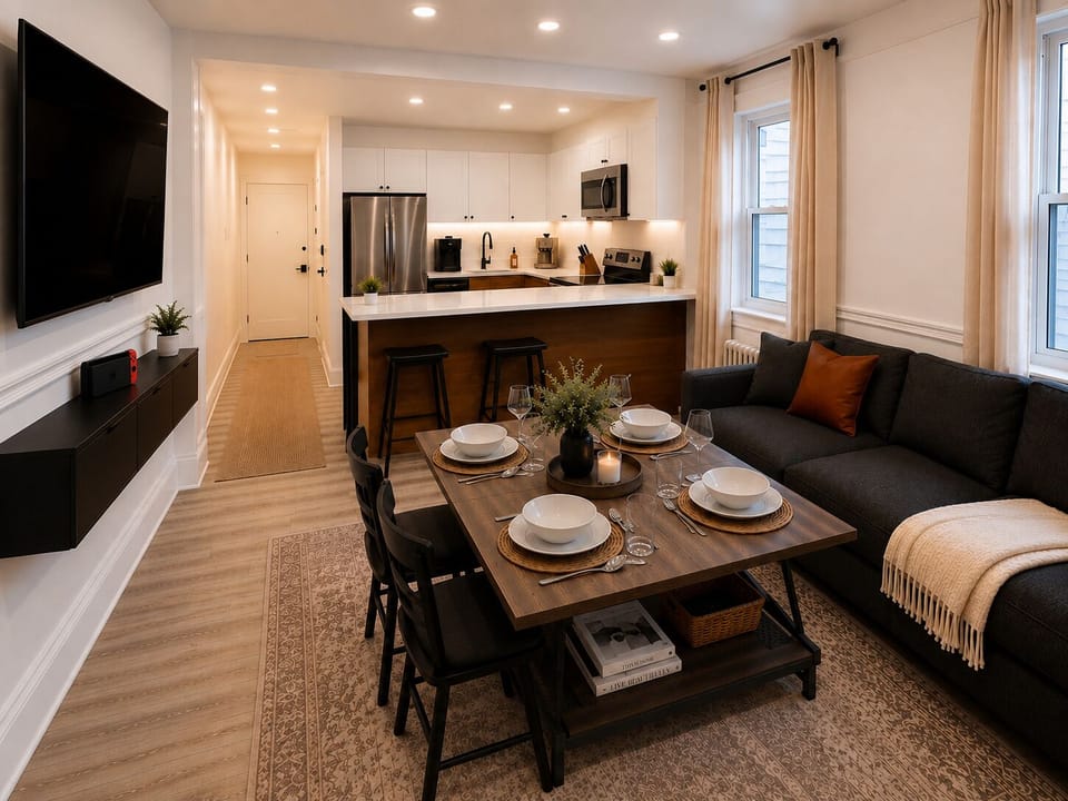Modern open-concept living with stylish kitchen, dining for 4, and cozy sofa