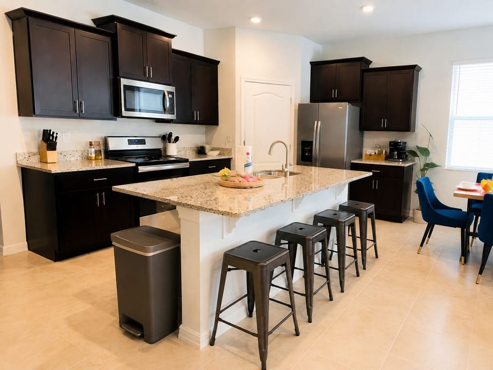 Enjoy meals or conversations here on the island that seats 4.