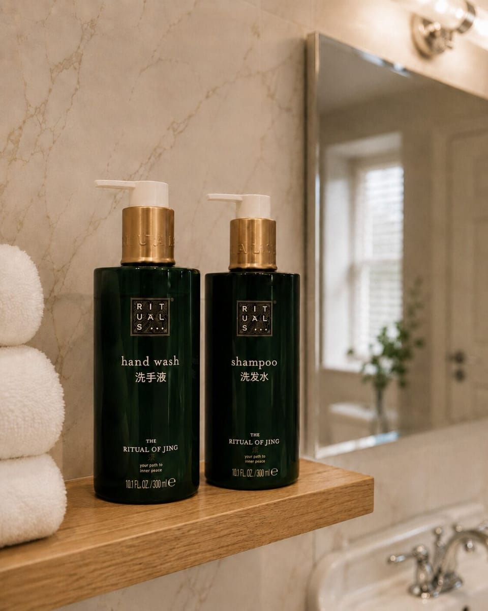 Hair dryer, towels, soap, shampoo