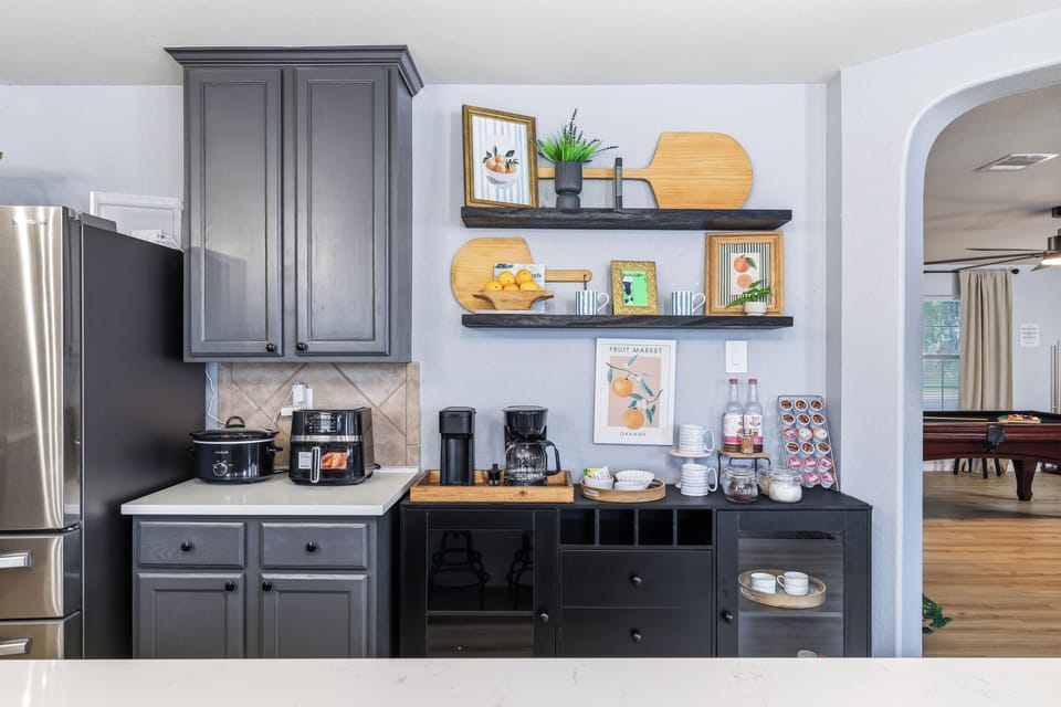 Keurig coffee machine + drip coffee machine with complimentary coffee, coffee pods, decaf, tea, sugar, cream, and sweetener