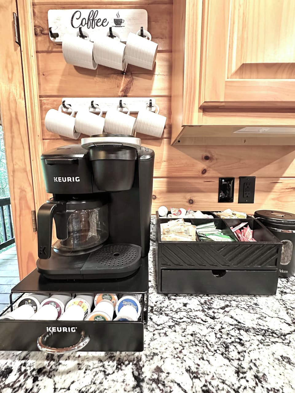 Complete coffee bar/teas/variety of sugars/Creamer/K-cup coffees/hot chocolate