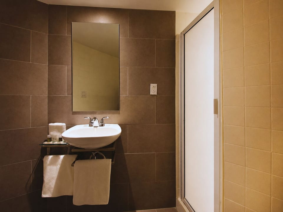 Shower, rainfall showerhead, free toiletries, towels