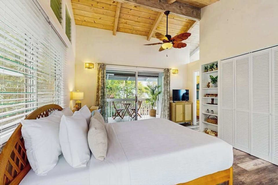 Bedroom provides restful sleeping space with ceiling fan and windows