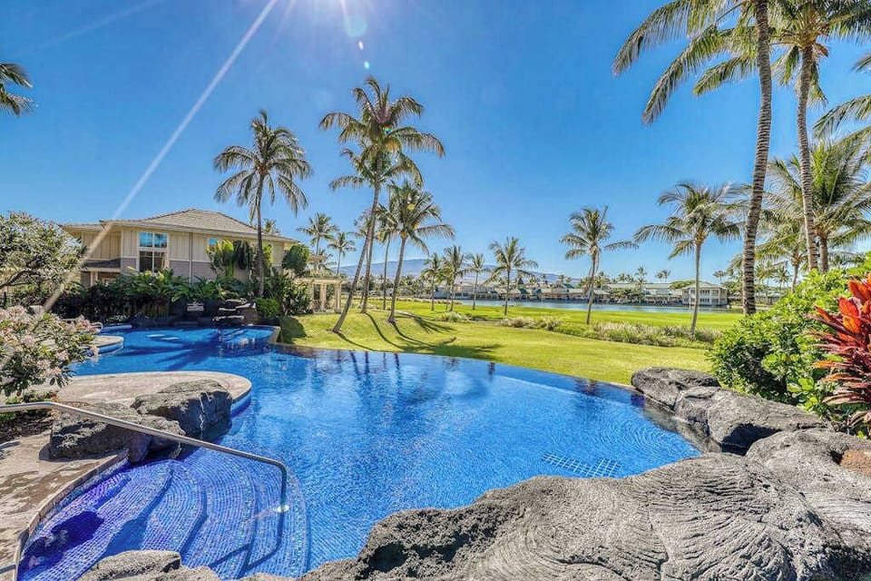 Resort-style pool surrounded by swaying palms