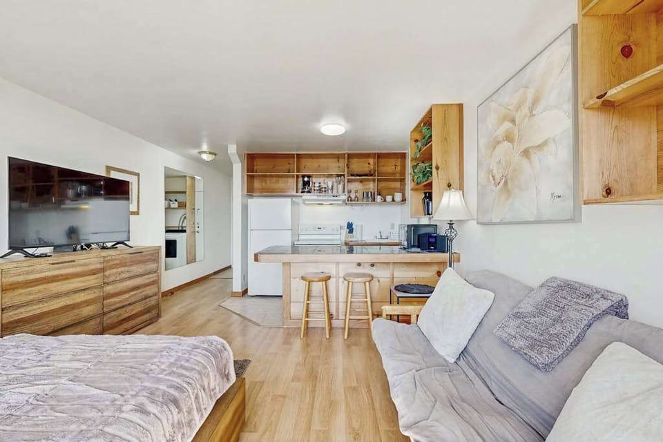 Enjoy restful downtime in the studio with convenient entertainment available.