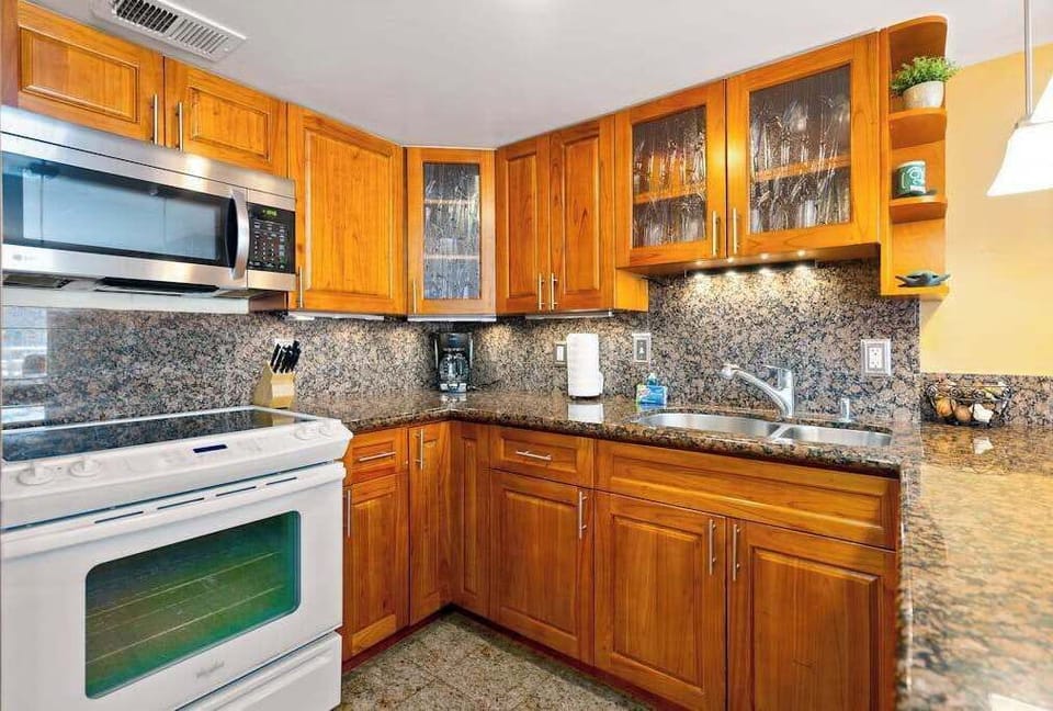 Start every morning with coffee from this bright and functional kitchen area