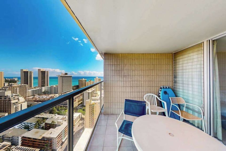 Enjoy city and ocean views from the sunny balcony