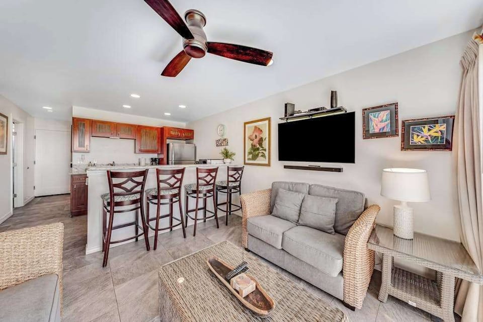 Spacious living room with smart TV for movie nights