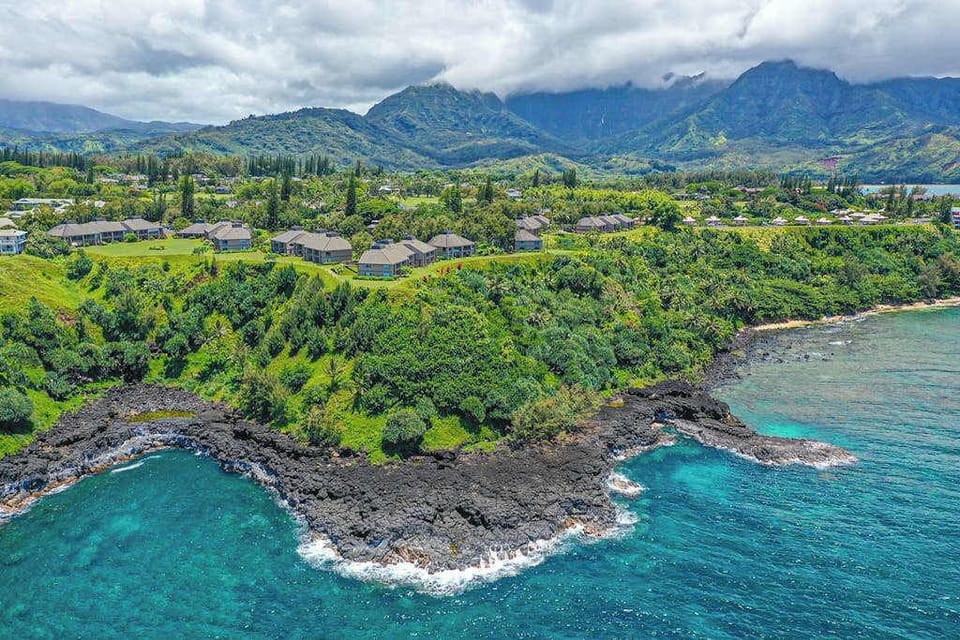 Coastal aerial view showcases lush headlands, water, and island beauty