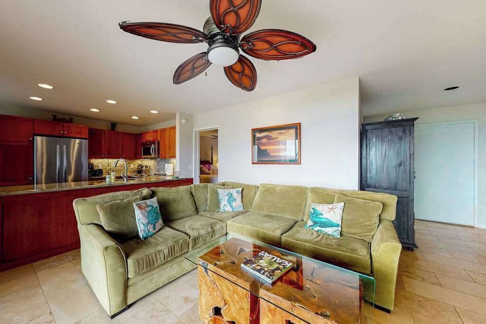 Island living room blends furnishings with scenery and natural light