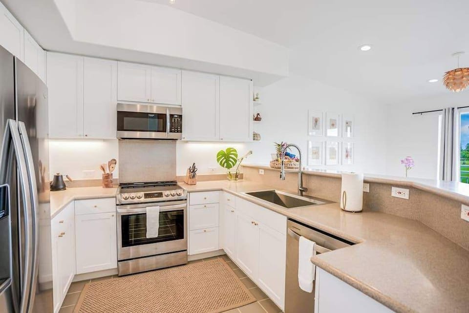 Fully equipped modern kitchen featuring stainless steel appliances and ample counter space