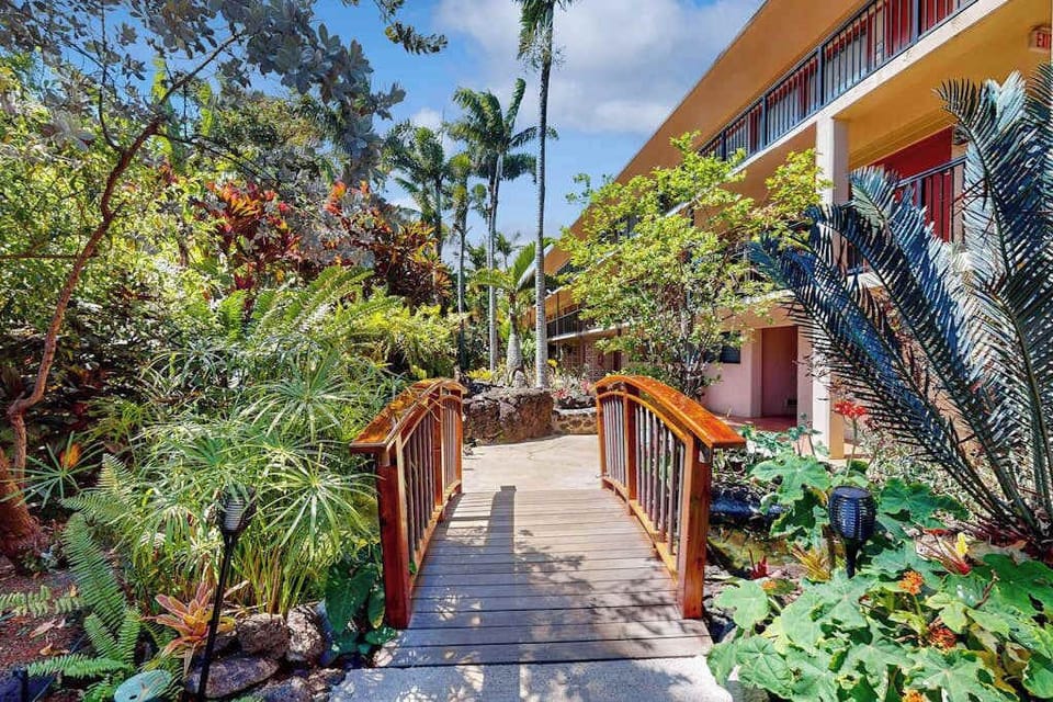 Peaceful courtyard with lush tropical gardens