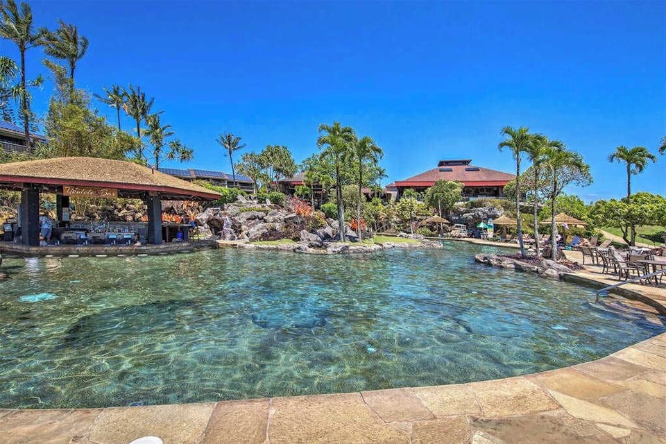 Cool off in the sparkling pool surrounded by tropical scenery