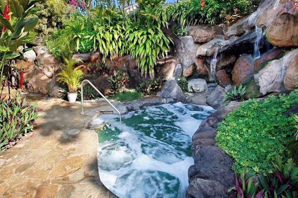 Tropical pool creates a calming atmosphere surrounded by greenery