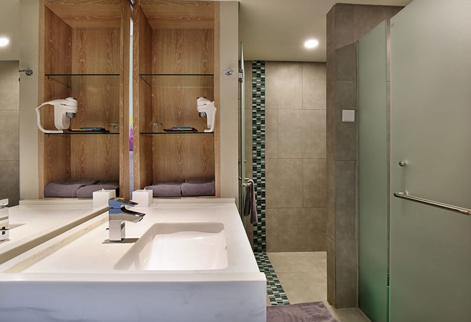 Shower, rainfall showerhead, eco-friendly toiletries, hair dryer