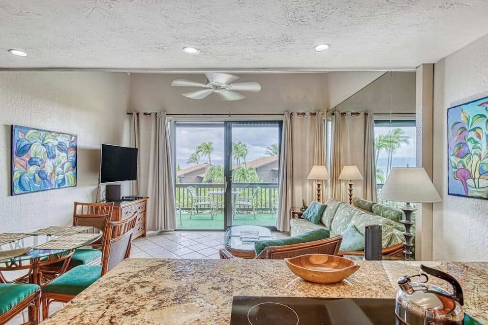 Open kitchen and living area with ocean views
