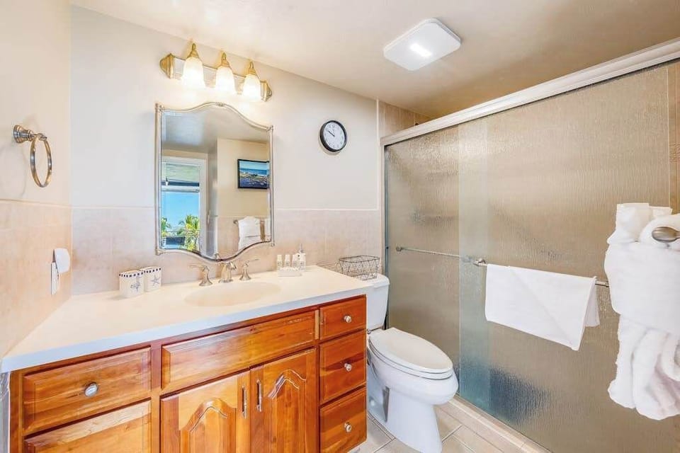 Primary bathroom with large tiled walk-in shower.
