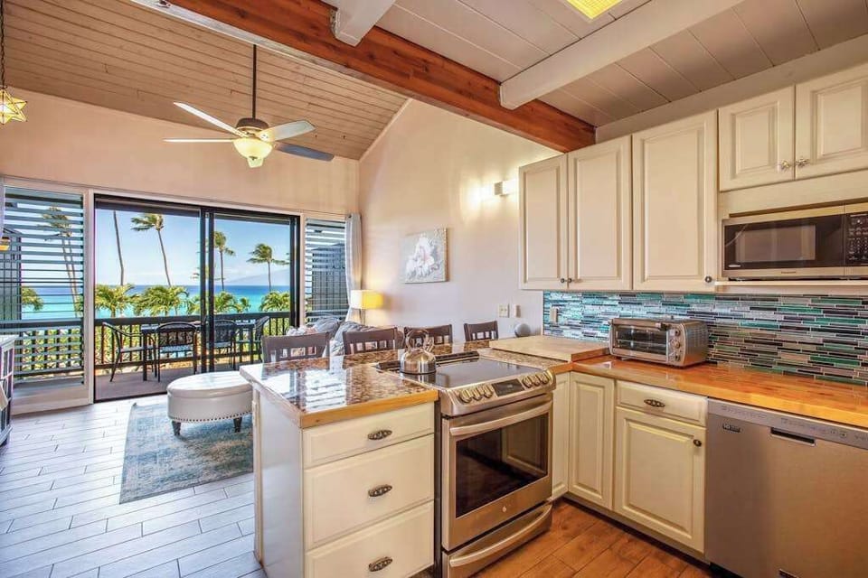 Newly remodeled kitchen with stainless steel appliances.