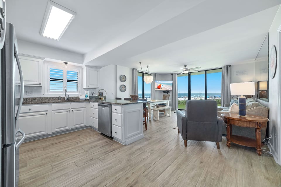 Kitchen overlooks living area