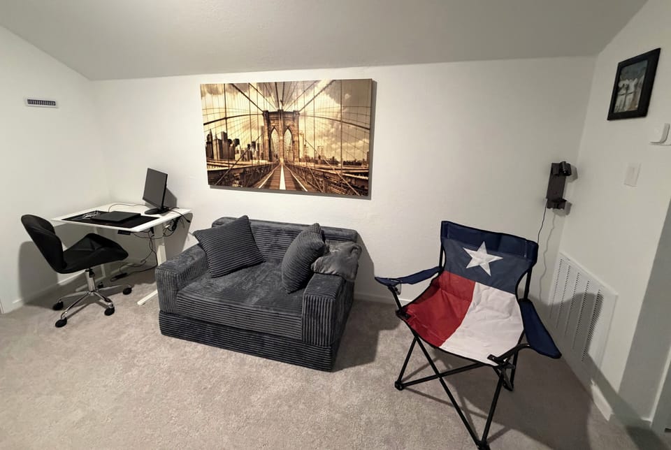 Work desk, pull out sofa converting into a mattress