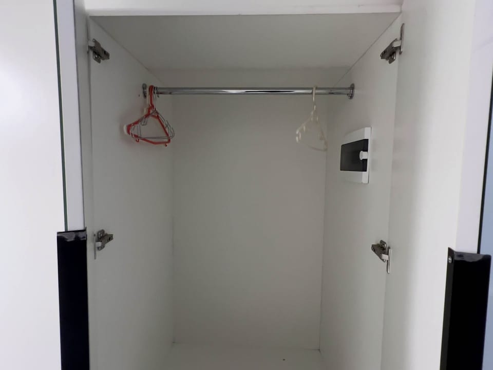 Built-in wardrobe with hangers for guest storage.