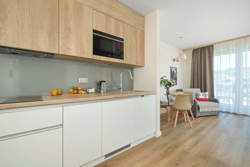 Modern kitchenette equipped with a microwave, induction hob, kettle, refrigerator, and all essential kitchenware.