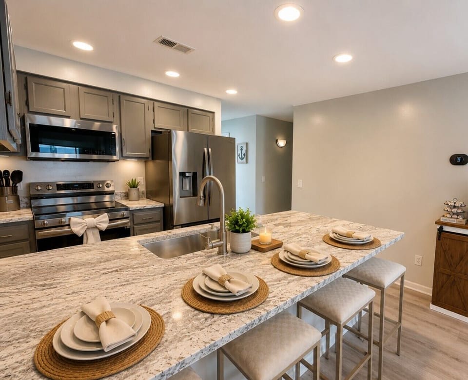 Spacious chef`s kitchen featuring granite countertops, a large breakfast bar, coffee station, and everything you need for home-cooked meals.