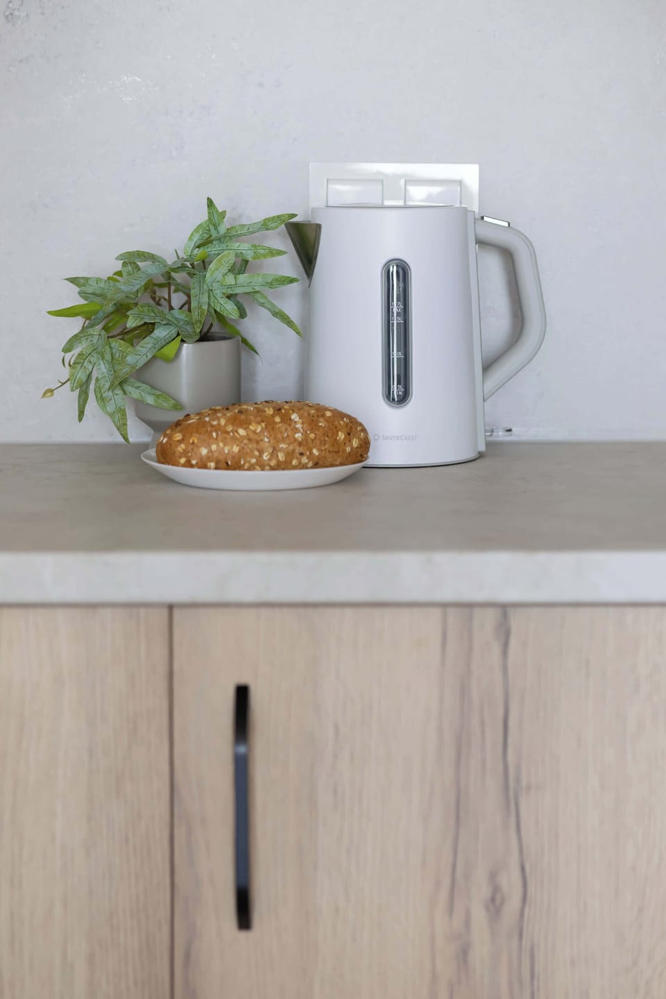 A neatly organized kitchen counter holds a white electric kettle and a small plate with baked treats. A small potted plant adds a refreshing pop of green against the neutral backsplash.