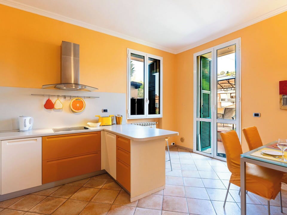 Interior Design, Kitchen, Furniture, Flooring, Wood, Countertop, Floor, Ceiling, Home, Orange