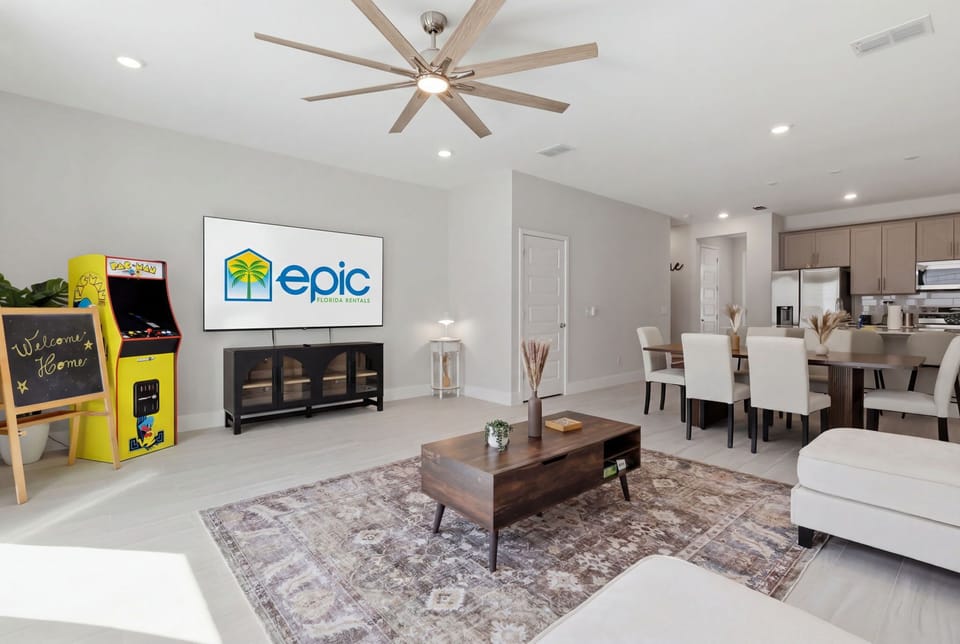 Relax on the spacious sectional or challenge the family to a game on the classic Pac-Man arcade.