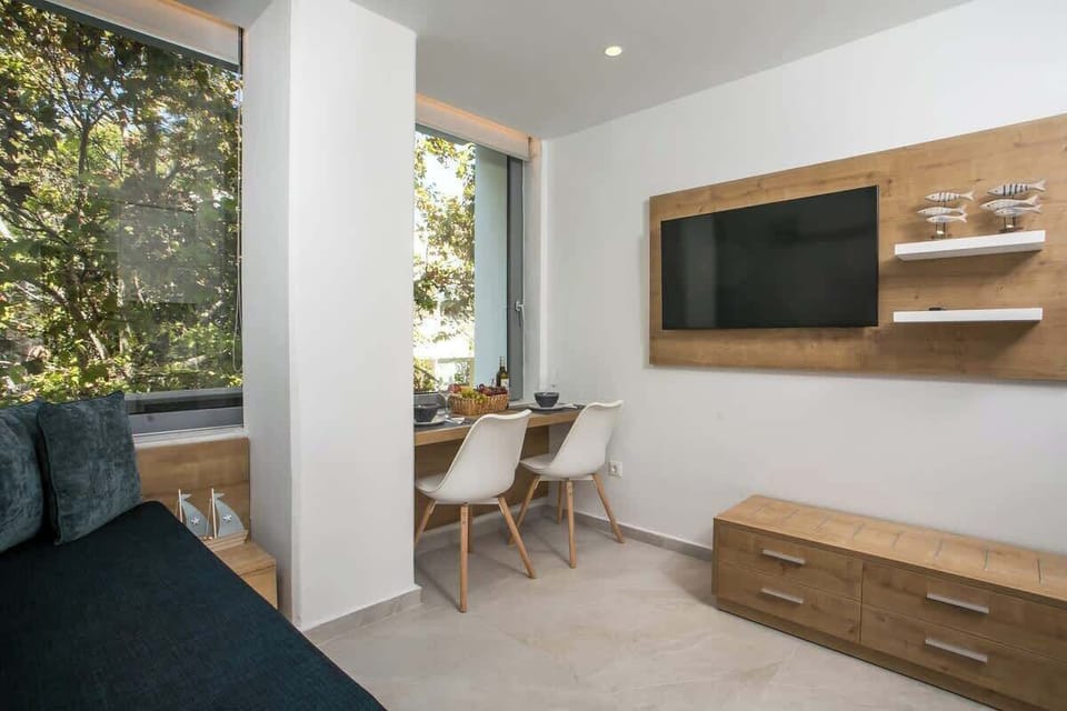 A wider view of the living area, where the sofa, TV wall and leafy window come together in a practical, uncluttered space for your Rhodes city stay.