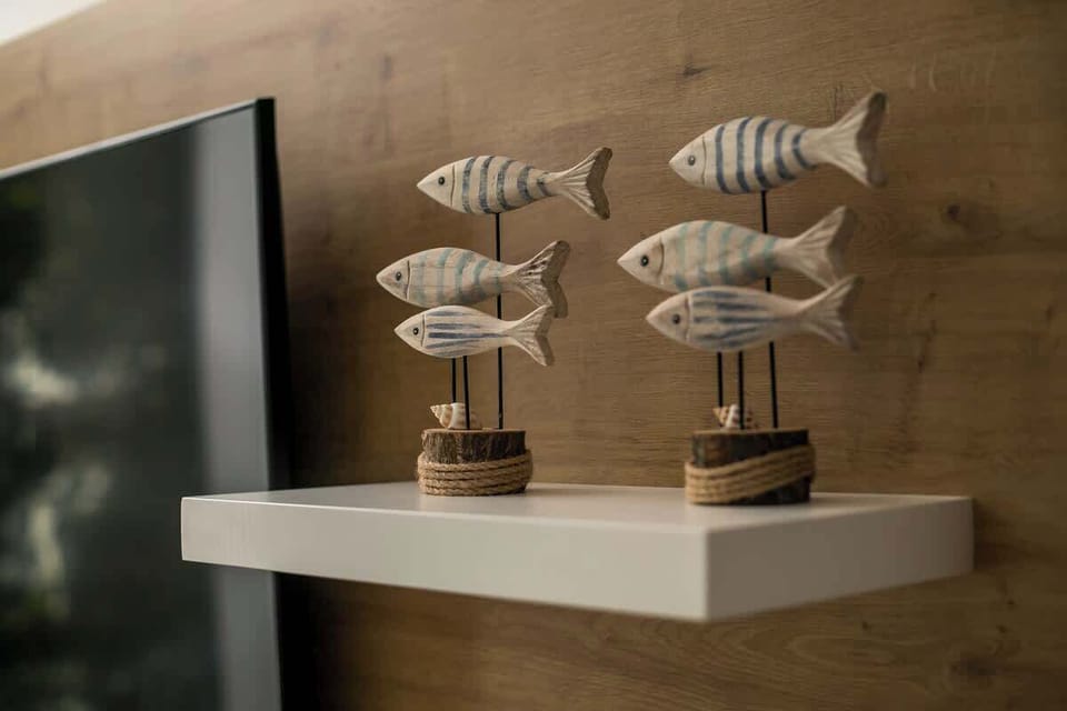 Decor details on the TV shelf, adding a quiet coastal note to the studio’s modern interior without taking attention away from the clean design.