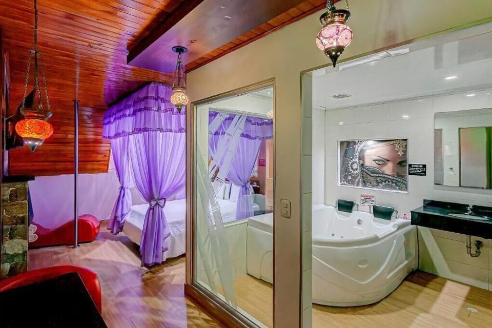 Shower, slippers, towels, soap