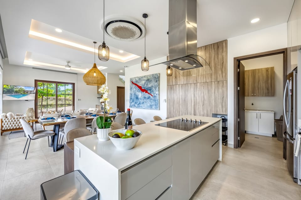A quartz island anchors this modern kitchen, with the dining room and outdoor terrace just steps away.