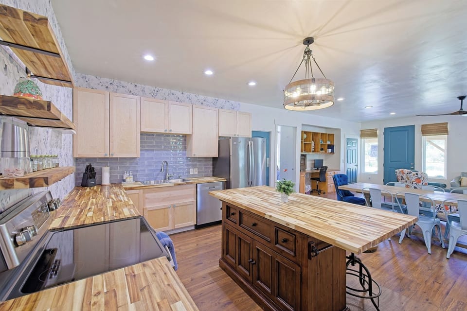 Chef's kitchen ready for group meals and entertaining.