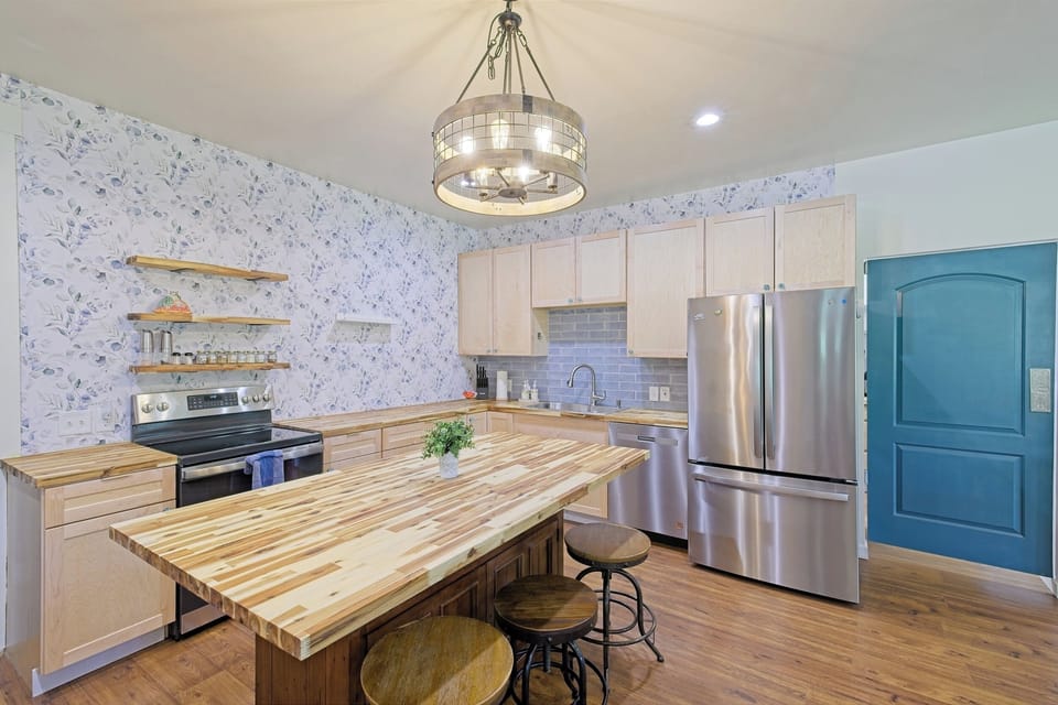 Bright, airy kitchen with all the cookware, tools, and counter space you need.