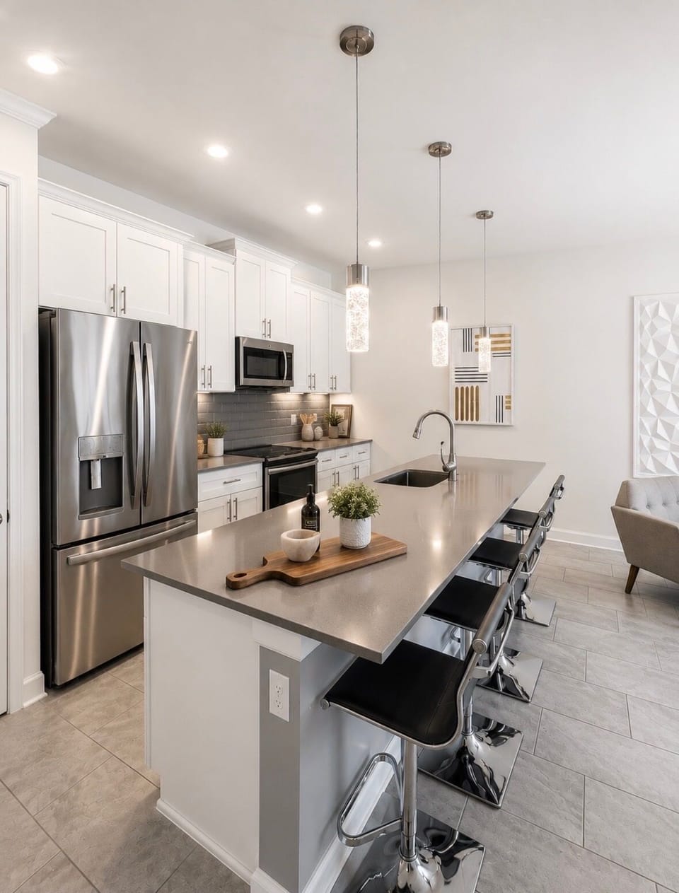 Bright modern kitchen with large island seating and sleek finishes