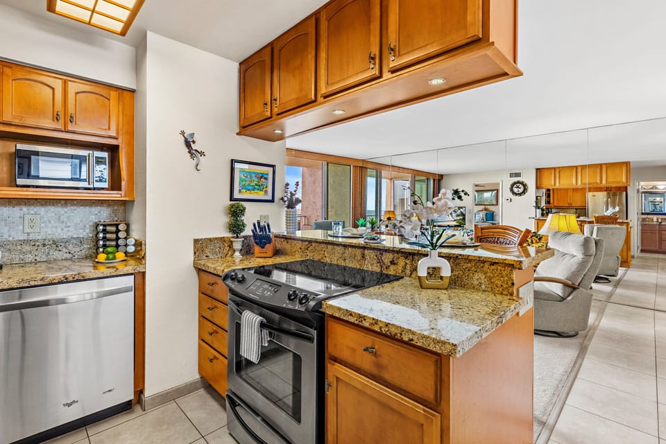 Prepare everything from quick breakfasts to full dinners in the well-appointed kitchen.