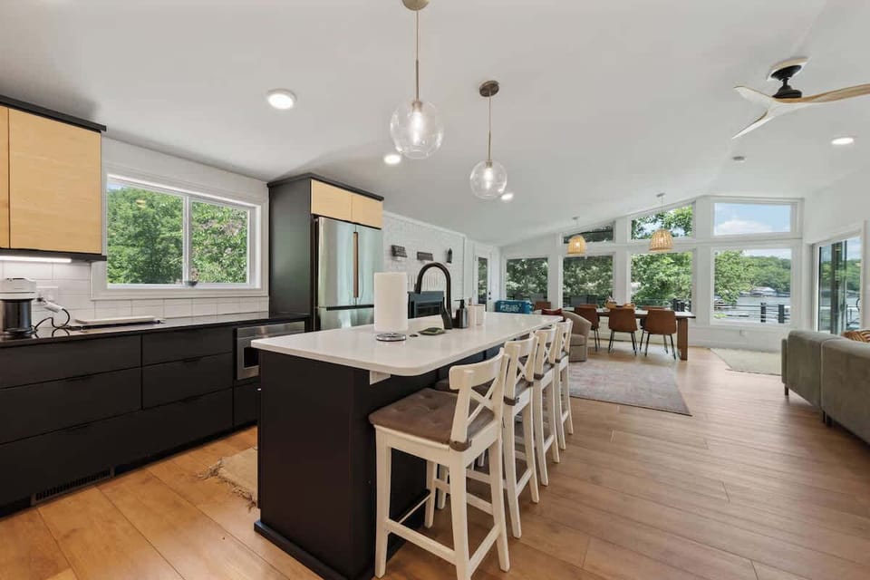 Modern fully equipped kitchen with plenty of counter space for group meals.