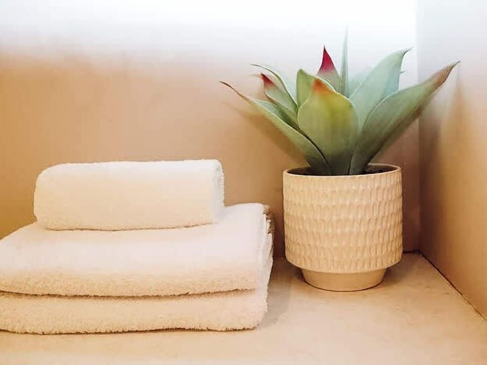 Refresh and recharge in the modern bathroom, featuring a spacious walk-in shower and a clean, contemporary design. Fresh towels and essential toiletries are provided, offering everything needed for a comfortable and convenient stay.