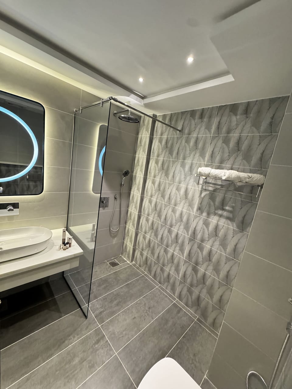 Shower, towels, soap, toilet paper