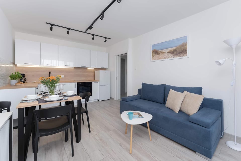 Looking from the kitchen toward the living area reveals a cohesive layout with a black dining table, a blue sofa, and overhead track lighting. The entire space feels connected and thoughtfully arranged.
