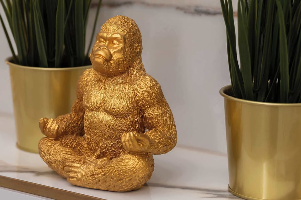 A decorative golden Buddha figurine is displayed beside tall green plants on a shelf. The arrangement adds a calming decorative element to the apartment.