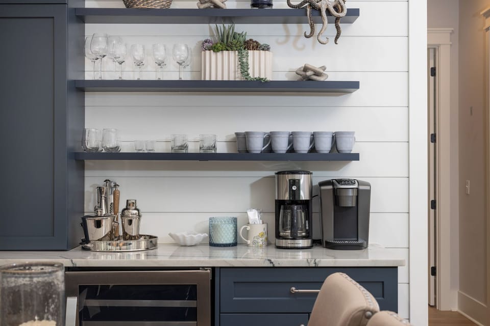 A wet bar is ready for your morning coffee or afternoon beverages