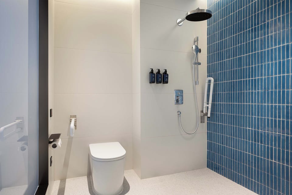 1 King Standard Accessible | Bathroom | Shower, free toiletries, hair dryer, slippers