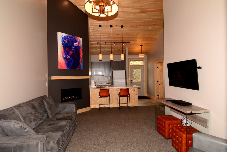 Cabin, 1 Bedroom, Lake View | Living room | Flat-screen TV, fireplace
